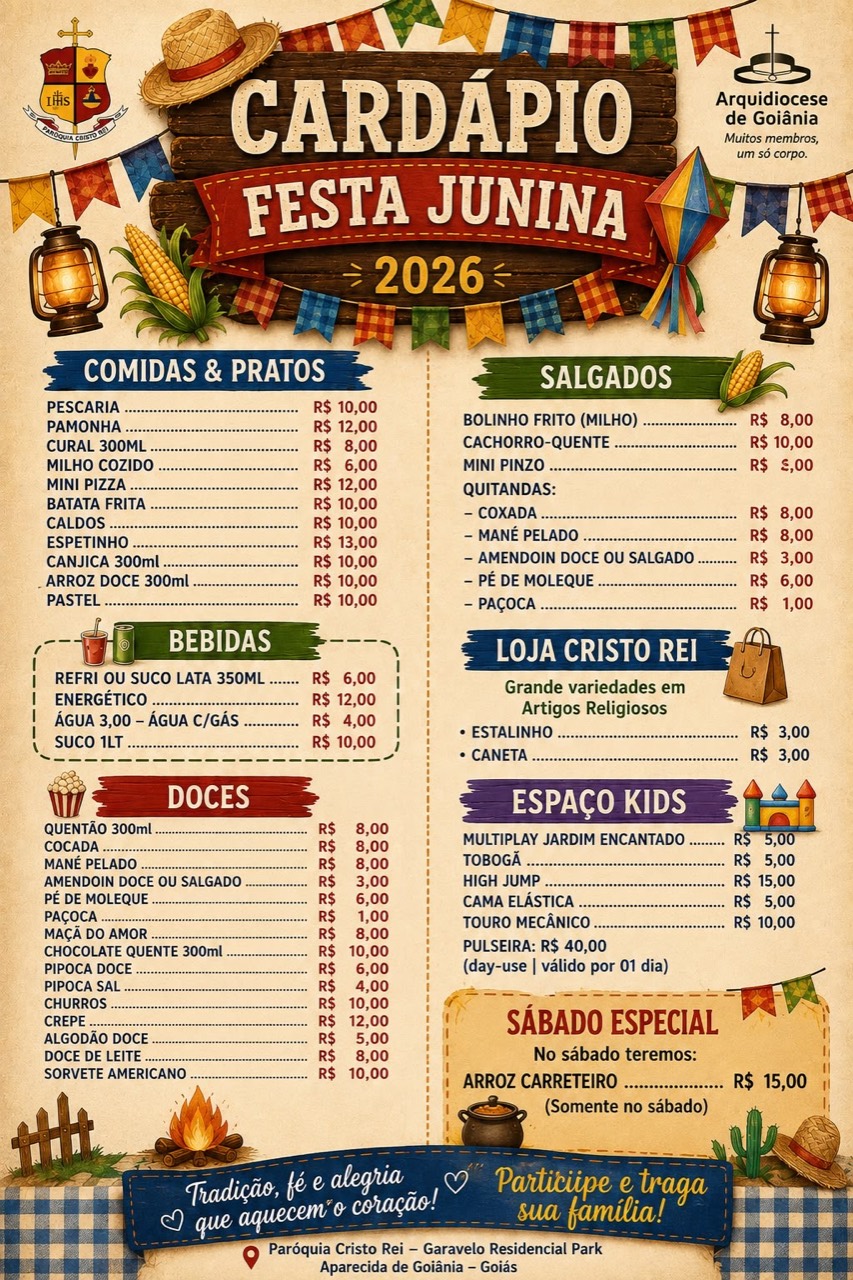 Cardápio da Festa Junina 2026 da Paróquia Cristo Rei